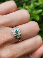 Cargar imagen en el visor de la galería, 1946: Vintage: 9ct Gold Art Deco Style Emerald 16 Natural Diamonds Ring-sparkling beauty
