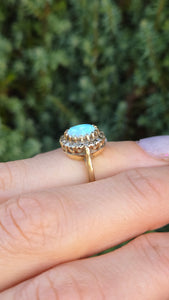 2247 Vintage: 9ct Gold Cabochon White Opal 16 Diamonds Cluster Ring