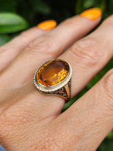 Cargar imagen en el visor de la galería, 1957: Vintage; 14ct Gold Large (8ct) Oval Yellow Citrine Solitaire Ring- Old, lovely mature stone.
