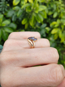 1265: Vintage: 9ct Gold Marquise Cut Blue Iolites Cocktail Ring- captivating design