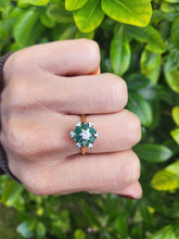 Load image into Gallery viewer, 9083:Vintage: 18ct Gold 6 Emeralds 7 Diamonds Flower Head Ring- timeless classic. nice weight, sparkling
