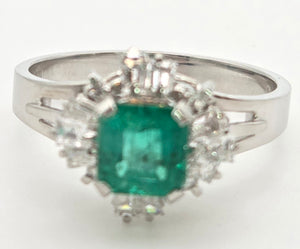 Vintage: Platinum Emerald Cut Emerald Diamonds Cocktail Cluster Ring