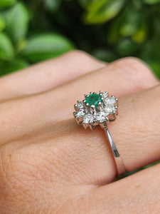 6152: Vintage: (1978) Exceptional Diamonds Emerald Flower head Ring-  Exquisite