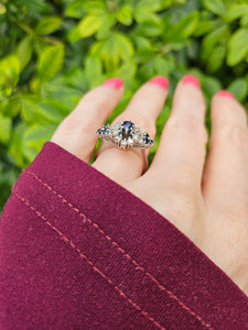 0655: Vintage: 18ct White Gold French Blue Sapphires Diamonds Art Deco Style Ring- Date Mark 1975