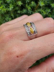 1859: Vintage; 9ct Gold Yellow and White Diamonds Openwork Ring- 52 natural sparkling diamonds