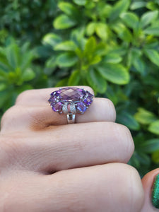 0309: Vintage: Statement 9ct White Gold Lilac Amethysts Diamonds Cocktail Ring-