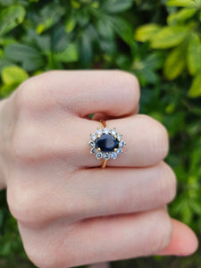 0752: Vintage: 18ct Gold French Blue Sapphire 12 Diamonds Diana Style Cluster Ring- Luscious