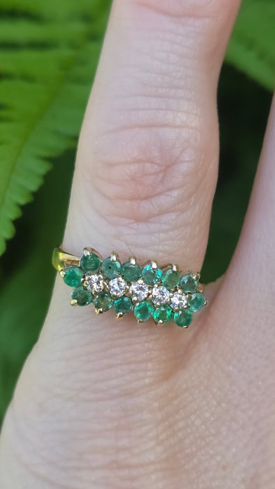 Vintage: 9ct Yellow Gold Emerald & Diamond Triple Row Ring — From 1989