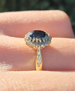 18ct Gold Blue Sapphire 22 Natural Diamonds Diana Style Cluster Ring