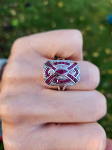 0132: Vintage 14ct White Gold Art Deco Style Rubies Diamonds Panel Ring - Exceptional, stylish, iconic