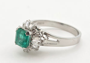 Vintage: Platinum Emerald Cut Emerald Diamonds Cocktail Cluster Ring