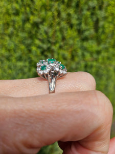 6076 Vintage; 18 White Gold Emeralds Diamonds Statement Cocktail Ring- Fabulous