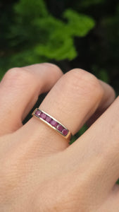 2508- Vintage: 9ct Gold 6 Channel Set Rubies Stacker/Half- Eternity Ring