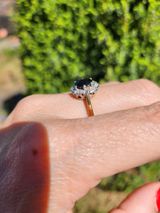 1745: Vintage: 9ct Gold French Blue Sapphire Diamonds Cluster Ring- From 1975