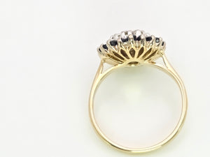 2324: Vintage: 18ct Gold Blue Sapphires Diamonds Target Ring- From 1974
