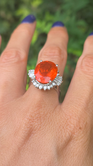 Vintage: 14ct White Gold Fire Opal 7.42ct & Diamond 1.44ct Dress Ring