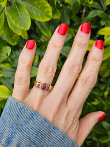 1296: Vintage: 9ct Gold 7 Rubies Geometric Set Ring- Fabulous