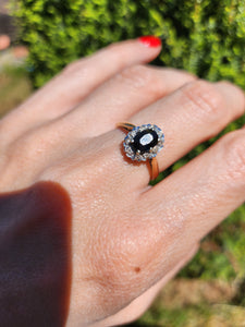 1745: Vintage: 9ct Gold French Blue Sapphire Diamonds Cluster Ring- From 1975