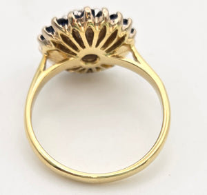 2324: Vintage: 18ct Gold Blue Sapphires Diamonds Target Ring- From 1974