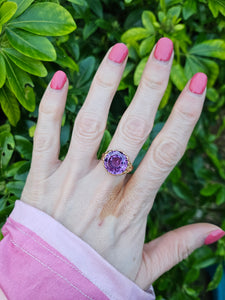 0487:Vintage: 9ct Gold Round Cut Large Amethyst Statement Ring- fabulous round cut stone