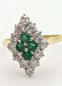 2318: Vintage: 18ct Gold Emeralds Diamonds Marquise Set Art Deco Style Ring- From 1977