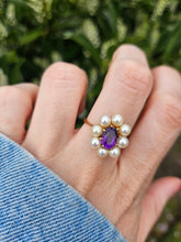 Load image into Gallery viewer, 1358: Vintage 9ct Gold Amethyst Pearls Flower Head Ring- finest quality
