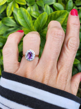 Load image into Gallery viewer, 0096: Vintage:9ct Gold Oval Amethyst 12 Diamond Halo Ring-
