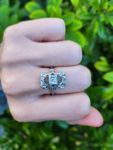 A8249: Antique: Art Deco 18ct White Gold Sapphire Diamonds Openwork Ring- beautiful symmetry-