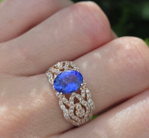 2344: Vintage:&nbsp; 14ct Gold&nbsp; Large Vibrant Blue Tanzanite Pave Diamonds Openwork Dress Ring- Exceptional