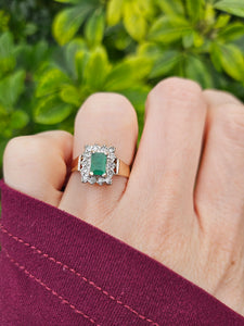 0144: Vintage: 9ct Gold Emerald Cut Emerald 14 Diamonds Square Set Ring