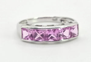 2184: Vintage; 9ct White Gold Pink Sapphires Stacker/Dress Ring- petite, pink and cute