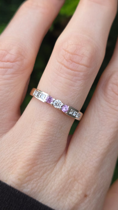 6329  Vintage: 18ct Gold Pink Sapphires Brilliant Cut Diamonds Stacker Ring