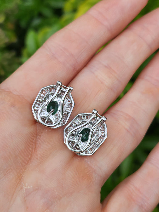 6097: Vintage: 18ct White Gold Art Deco Style Emeralds Diamonds Earrings- Thrilling