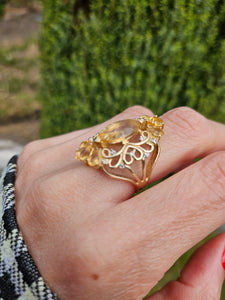 0404: Vintage: Statement 9ct Gold Marquise Cut Yellow Citrine 14 Diamonds Openwork Ring