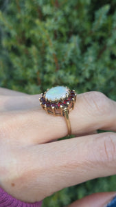 Vintage: Classic 9ct Gold White Opal 14 Red Garnets Flower Head Ring
