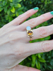 0509: Vintage Exceptional 9ct Gold Moonstone Citrine Ring- rare, iconic