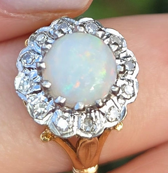 6419 18ct Gold Vivid White Opal 12 Natural Diamonds Halo Ring