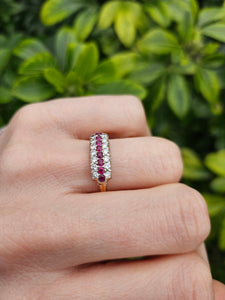 8229: Vintage; 9ct Gold Vivid Rubies Sparkling Diamonds Dress/Stacker Ring- exquisite