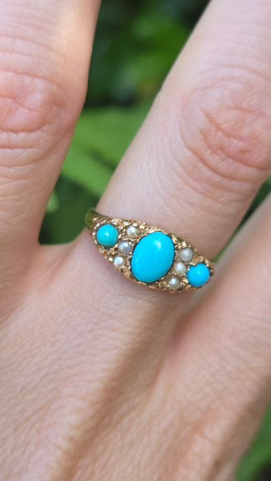 Vintage: 9ct Gold Turquoise Seed Pearls Dress Ring — From 1976