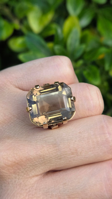 6476  Vintage: large 9ct Gold Square Cu Smokey Quartz Statement Ring
