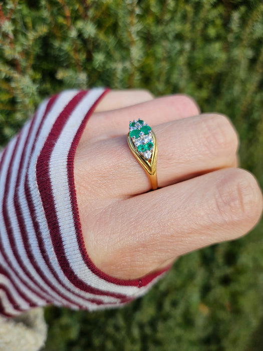 6020 Vintage; 18ct Gold Emeralds Diamonds  Boat  Ring