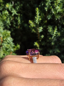 2170: Vintage: 9ct Gold Oval Purple Amethyst 16 natural Diamonds Cocktail Ring