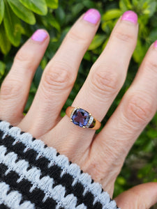 0898: Vintage: Rare: 9ct Gold Cushion Cut Purple Tourmaline Diamonds Cocktail Ring- lovely