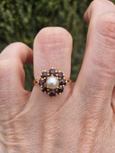 Load image into Gallery viewer, 1169: Vintage: 9ct Gold 8 Rich Red Garnets Pearl Flower Head Ring- From 1965
