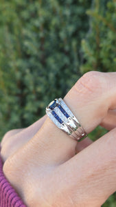 Vintage: Art Deco Style 9ct White Gold Blue Sapphires Natural Diamonds Ring