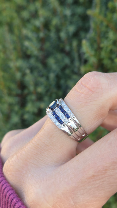 6462 Vintage: Art Deco Style 9ct White Gold Blue Sapphires Natural Diamonds Ring