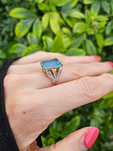 0823: Vintage; Statement 9ct Gold Swiss Blue Topaz Diamonds Cocktail Ring