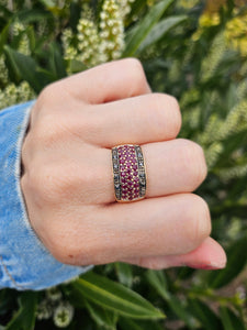 6088: Vintage: 9ct Gold  Black Diamonds  Red Rubies Cocktail Ring- statement piece