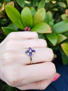 0736: Vintage; 9ct Gold Rich Purple Amethyst Diamonds Geometric Set Cocktail Ring- sparkling symmetry