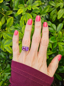 0727: Vintage: Rare 9ct Gold Rectangular Cushion Cut Purple Amethyst 18 Diamonds Cocktail Ring- marvellous&nbsp;